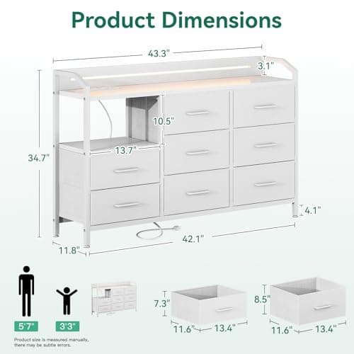 KKL White Dresser for Bedroom with Light Strip & Power Outlet — 8 Drawers Dressers & Chest of Drawers with Shelf, Wood Top, Metal Frame, Wide Dressers for Girls Bedroom, Living Room, Hallway, Closet - Image 2