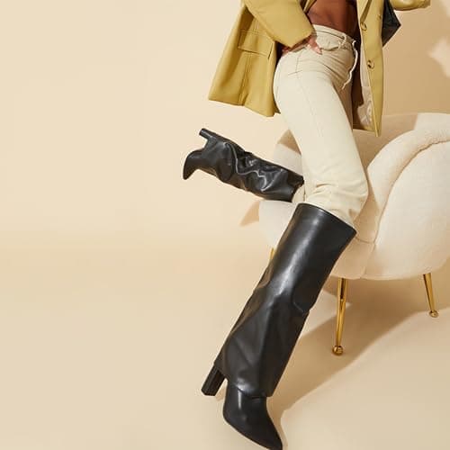 Modatope Women's Black Tall Boots, Fold Over Knee High, Block Heel, Size 7 - Image 5