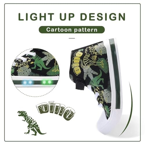 EUXTERPA Kids Toddler Sneakers Light Up Flashing Shoes Boys Easy Fasten High Top Walking Canvas Sneaker, Green Dinosaur, Toddler Size 8 - Image 2