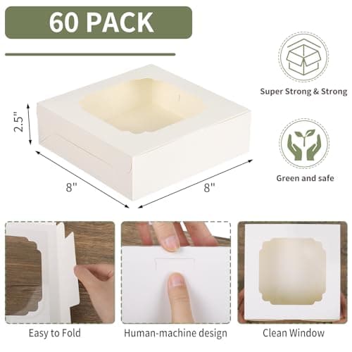 TOMNK 60pcs Cookie Boxes, 8x8x2.5 Inches Bakery Boxes with 2 Style Windows for Chocolate Strawberries, Pie, Pastry, Dessert, Cake - Image 2