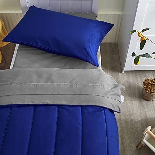 4 Pieces Toddler Bedding Set Ultra Soft and Breathable Toddler Comforter Sheet Set for Autumu and Winter- Includes Warm Comforter, Flat Sheet, Fitted Sheet and Pillowcase - Royal Blue & Gray - Image 6