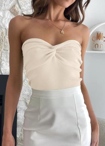 EFAN Womens Tube Tops Summer Sweater Twist Knot Front Knit Bandeau Strapless Ribbed Sleeveless Y2K Corset Crop Top Apricot M - Image 5