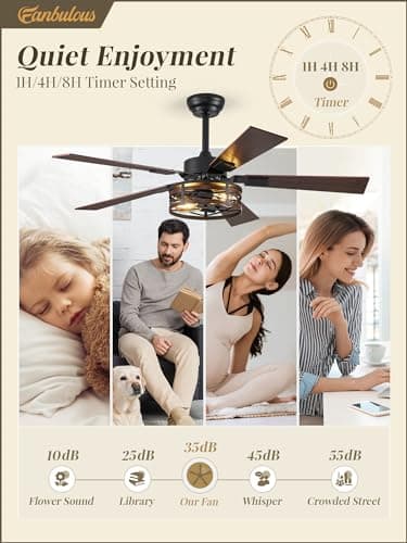 Farmhouse Ceiling Fans with Light, 48 Inch Bedroom Ceiling Fan with Lights, 6-Speed Adjustable, Quiet and Reversible DC Motor, Dual Finish 5 Blades, Rustic Caged Ceiling Fan for Living Room - Image 4