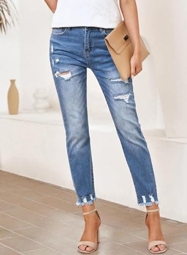 EVALESS Womens Jeans Stretchy High Waisted Pull On Ripped Distressed Jean Tummy Control Straight Ankle Denim Pants Sky Blue Size 8 - Image 3