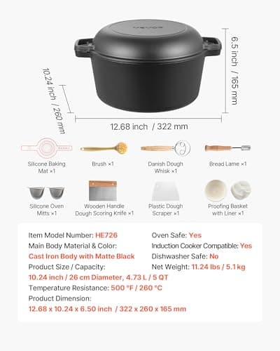 VEVOR Cast Iron Dutch Oven, 2-in-1 Pre-Seasoned Pot with Skillet Lid, 5QT Cookware Pan with Proofing Basket, Bread Baking Accessories, Bread-Oven Compatible 500℉ - Image 7