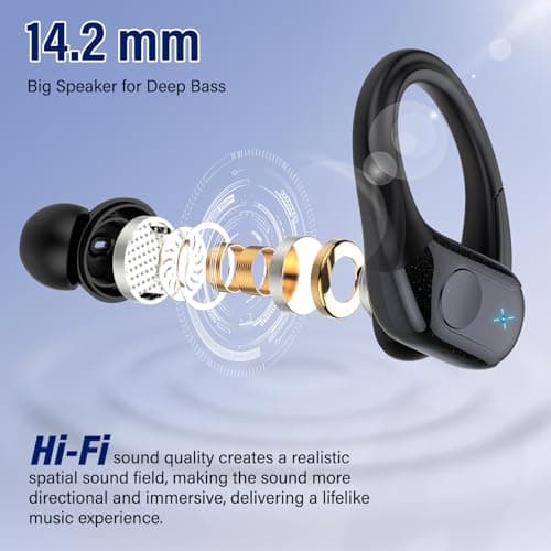 Qecnato Wireless Earbuds Bluetooth 5.4 Headphones Sports, 75H Stereo Deep Bass Over Ear Buds with Earhooks, Bluetooth Earbuds with 4 ENC Mic, LED Display, IP7 Waterproof Earphone for Running, Black - Image 2