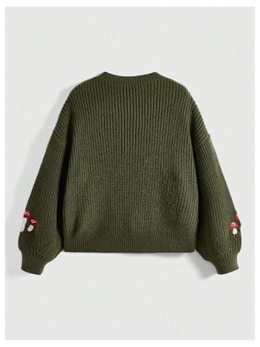 SHENHE Women's Oversized Embroidered Mushroom Sweater Crewneck Chunky Knit Sweater Pullover Army Green X-Large - Image 2