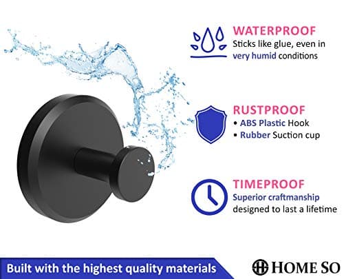 HOME SO Suction Cup Hooks for Shower, Bathroom, Kitchen, Glass Door, Mirror, Tile – Loofah, Towel, Coat, Bath Robe Hook Holder for Hanging up to 15 lbs – Waterproof & Rustproof, Matte Black (2-Pack) - Image 6