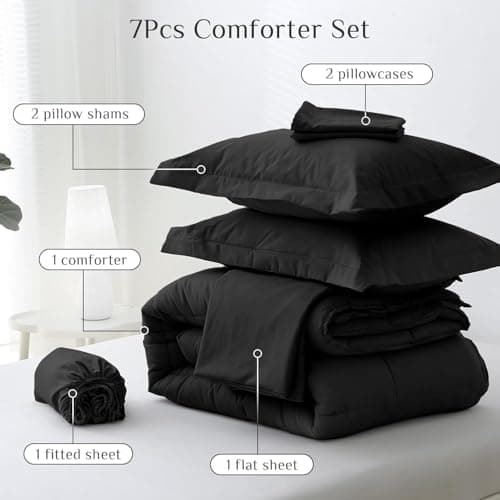 JOLLYVOGUE Queen Comforter Set, Ultra-Soft Bed in a Bag Queen Size 7 Pieces, Oeko-TEX Certified Bedding Set with Down Alternative Comforter, Sheets, Pillowcases & Shams, Black - Image 5