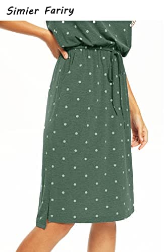 Women Summer Sleeve Pocket Modest Work Casual Midi Knee Dress Polka Dot Green L - Image 2