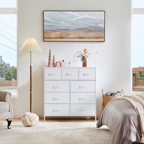 OLIXIS Dresser for Bedroom, 9 Storage Drawers, Wide Fabric Closet Chests Organizer Tower Furniture, TV Stand with Wooden Top Metal Frame for Clothes, Living Room, Hallway, Entryway, Classic White - Image 2