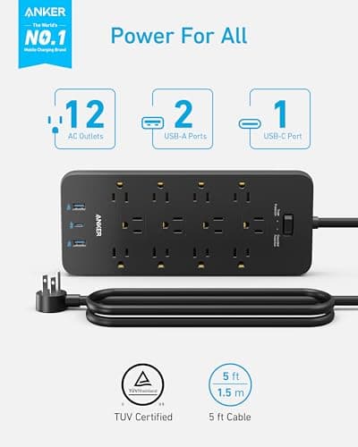 Surge Protector Power Strip (2100J), Anker 12 Outlets with 1 USB C and 2 USB Ports foriPhone 15/15 Plus/15 Pro/15 Pro Max, 5ft Extension Cord, Flat Plug, 20W USB C Charging for Home, Office,TUV Listed - Image 2
