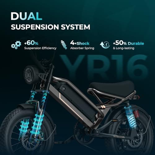 Jasion YR16 Electric Bike for Adults Teens, Peak 1000W Motor & 600WH Battery Electric Bicycle, 55 Miles Off-Road Dirt Bike, 16"*4 Fat Tire Moped Style Ebike with Cruise Control & Dual Suspension - Image 4