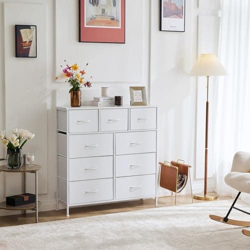 OLIXIS Dresser for Bedroom, 9 Storage Drawers, Wide Fabric Closet Chests Organizer Tower Furniture, TV Stand with Wooden Top Metal Frame for Clothes, Living Room, Hallway, Entryway, Classic White - Image 8
