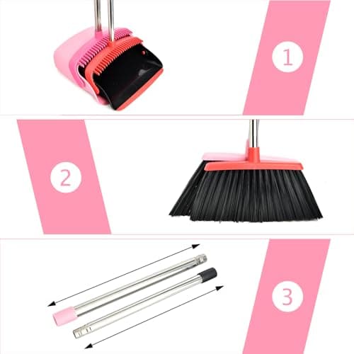 XXFLOWER Broom and Dustpan Set, Dustpans with Broom Combo for Home, Heavy Dust Broom and Dustpan Combo, Long Handle Dust Pan and Broom Set for Kitchen, Office, Pet Hair,Pink, Pack of 1 - Image 3