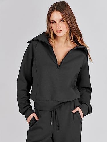 ANRABESS Women 2 Piece Outfits 2025 Fall Fashion Airport Wide Leg Pants Lounge Set Leisure Travel Vacation Clothes Sweatsuits Black Medium - Image 5