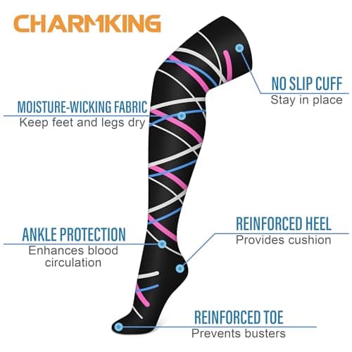 CHARMKING 3 Pairs Thigh High Compression Socks for Women and Men 15-20 mmHg Boost Circulation and All Day Comfort (S/M, Black/Black/Pink) - Image 4