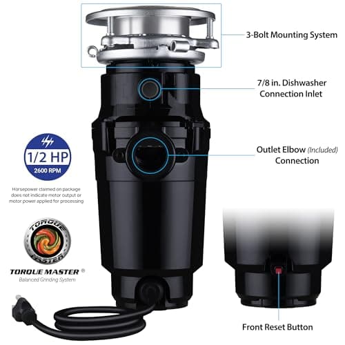 Waste Maid 10-US-WM-058-3B Garbage Disposal Anti-Jam Stainless Steel Food Waste Grinding System, 1/2 HP Economy, Black - Image 2