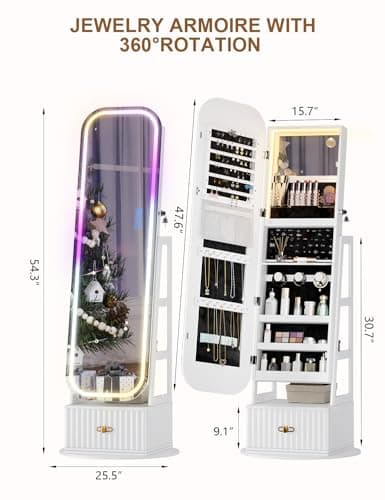 360° Swivel Jewelry Cabinet with Lights - RGB Vanity Mirror | Rotatable Full Length Mirror with Jewelry Storage, Standing Jewelry Armoire Organizer, Foldable Makeup Shelf, White - Image 5