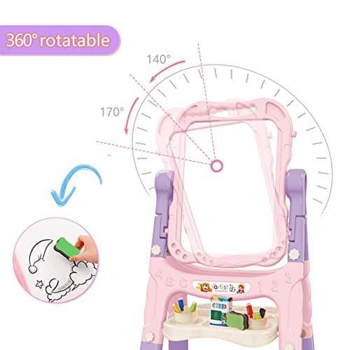 Mojitodon Art Easel for Kids, Adjustable Standing Rotatable Double Sided Easel with Painting Accessories for Toddlers Boys and Girls-Pink - Image 3