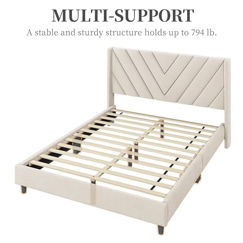 Yaheetech Queen Bed Frame Upholstered Platform Bed with Wing Side/Wooden Slat Support/Tufted Headboard with Wing Side/Mattress Foundation/No Box Spring Needed,Beige Queen Bed - Image 9
