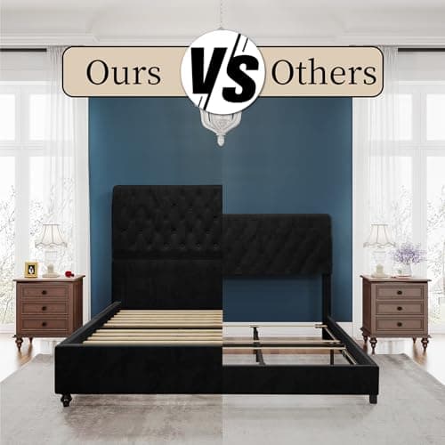 PaPaJet King Bed Frame Upholstered Platform Bed Frame with 52.8'' Tall Sleigh Headboard, Button Tufted, No Box Spring Needed, Easy Assembly, Black - Image 7
