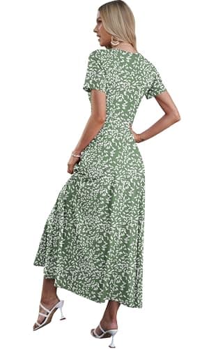 AUSELILY Maxi Dresses for Women Ankle Length Floral Print Beach Long Flowy Dress with Pockets (S, Olive-Green Leaf) - Image 2