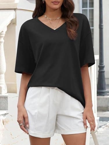 ATHMILE Womens Summer Oversized Shirts V Neck Plus Size Spring Workout Tops Beach Vacation 2025 Gym Clothes Black - Image 3
