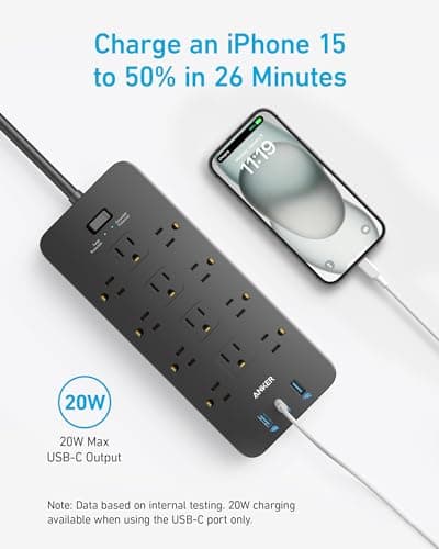 Surge Protector Power Strip (2100J), Anker 12 Outlets with 1 USB C and 2 USB Ports foriPhone 15/15 Plus/15 Pro/15 Pro Max, 5ft Extension Cord, Flat Plug, 20W USB C Charging for Home, Office,TUV Listed - Image 7