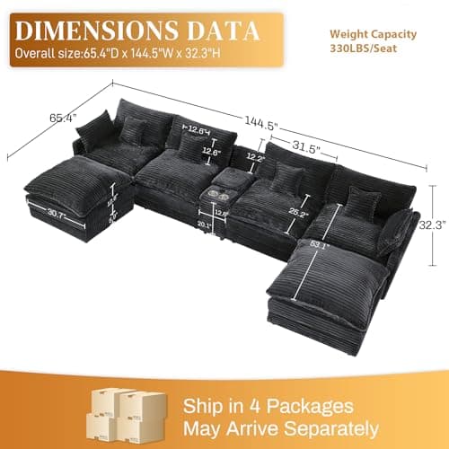 HYJT-H&K 145" U Shaped Cloud Couch Modular Dark Grey Sectional Couches for Living Room, Comfy Fluffy Corduroy Oversized Cloud Sectional Couch Large 6 Seat Sectionals Sofa Set Central Console USB Port - Image 2