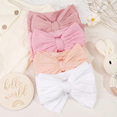 CÉLLOT 6 Pcs Super Stretchy Soft Handmade Headbands with Double Bows Head Wrap Nylon Hair Accessories For Newborn Baby Girls Infant Toddlers Kids(Pink) - Image 3