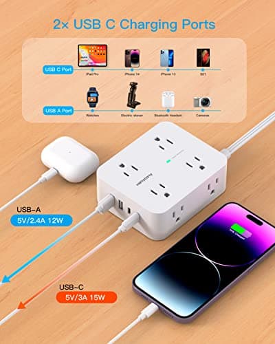 Surge Protector Power Strip, HANYCONY Extension Cord with Multiple Outlets, 5 Ft Ultra Thin Flat Plug 8 Outlets 4 USB Ports(2USB C), 1080J Outlet Extender for Home Office College Dorm Room Essentials - Image 5