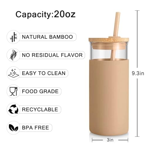 Tronco 20 oz Glass Tumbler with Lid & Straw - Iced Coffee Cup & Smoothie Cup With Silicone Sleeve | BPA-Free, Dishwasher Safe | Reusable Glass Cups with Bamboo Lids and Straws (Amber, 1 Count) - Image 4
