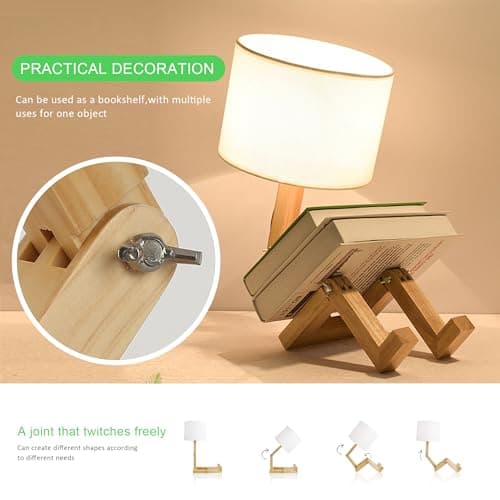 SUNLLOK Bedside Cute Table Lamp with Wood Changeable Base, Vintage White Farbic Lampshade Nightstand Lamp, Industrial Small Reading Desk Light Decor for Living Room, Kids Room, Ktichen Island - Image 2