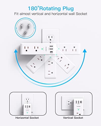 Surge Protector Outlet Extender with Rotating Plug - One Beat 6 AC Multi Plug Outlet with 3 USB Ports (1 USB C), 1800J Wall Charger, 3-Sided Power Strip Spaced Outlet Splitter for Home Office Travel - Image 2