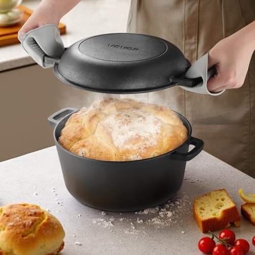 VEVOR Cast Iron Dutch Oven, 2-in-1 Pre-Seasoned Pot with Skillet Lid, 5QT Cookware Pan with Proofing Basket, Bread Baking Accessories, Bread-Oven Compatible 500℉ - Image 8