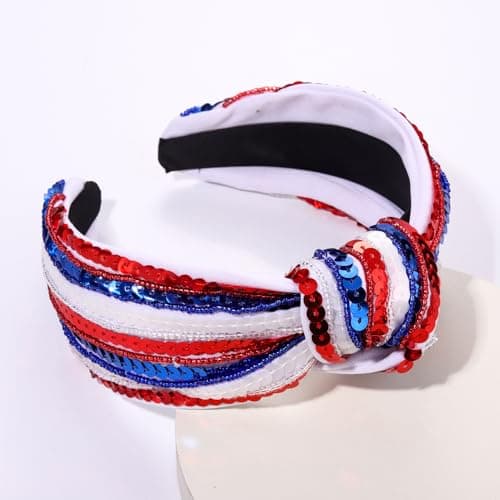 4 th of July Headband for Women Girls Fourth of July Knotted Headband Red White and Blue Sequin Beaded Patriotic Hairband American Flag USA Independence Day Head Band Hair Accessories Gifts - Image 5