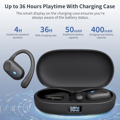 Eigsupia Open Ear Headphones, Bluetooth Headphones 5.3 Sports with Smart Digital Display, 36H Playtime, IP54 Waterproof, Wireless Earbuds Lightweight Design Fit Cycling, Running, Workout (Black) - Image 2