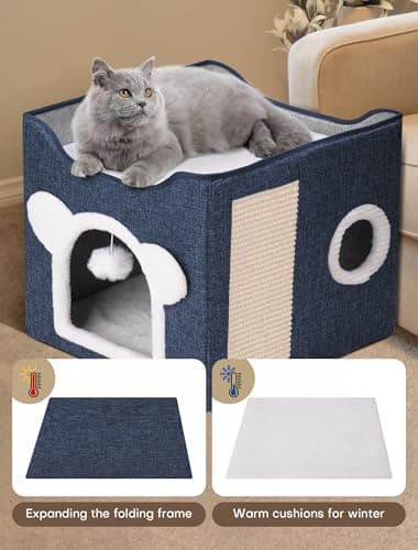 Cat Houses for Indoor Cats, Large Cat Cave with Fluffy Ball and Scratch Pad, Covered Cat Bed House, Foldable Cat Hideaway - Image 4