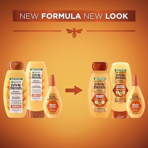 Garnier Whole Blends Honey Treasures Repairing Shampoo, Conditioner + Miracle Nectar Leave-In Set for Dry, Damaged Hair (3 Items), 1 Kit (Packaging May Vary) - Image 2