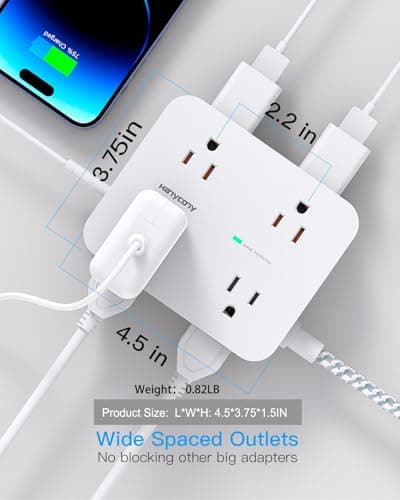 Surge Protector Power Strip - HANYCONY 8 Outlets 4 USB (2 USB C) Charging Ports, Multi Plug Outlet Extender, 5Ft Braided Extension Cord, Flat Plug Wall Mount Desk Charging Station for Home Office ETL - Image 4