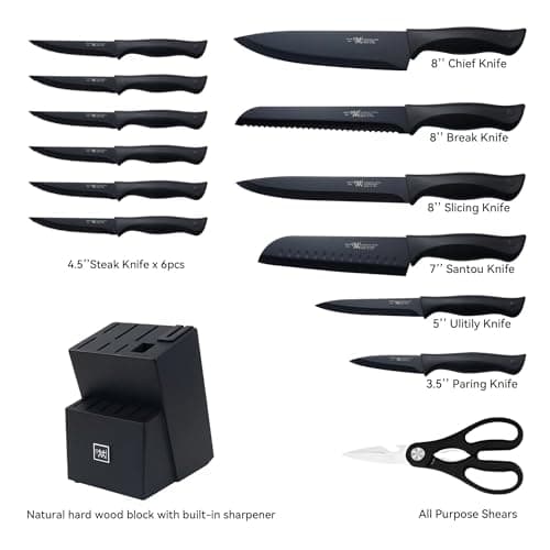 Knife Set, HUNTER.DUAL 15 Pcs Kitchen Knife Set with Block Self Sharpening, Dishwasher Safe, Anti-slip Handle, Black - Image 2