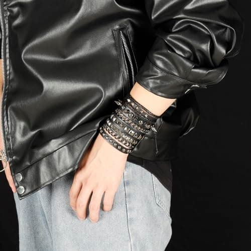 Eigso 3 Pcs Oldschool Cool Punk Steampunk Studded Spikes Rivets Vintage Leather Wide Bracelets for Men and Women with Adjustable Buckle - Image 5