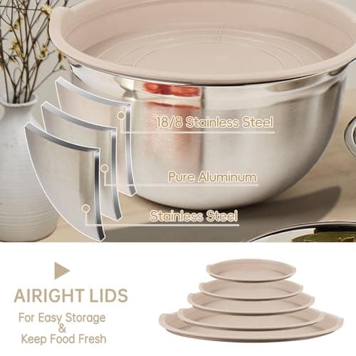 WEPSEN Mixing Bowls Set, 27PCS Khaki Mixing Bowls With Lids Set Stainless Steel Kitchen Large Nesting Metal Bowl 7QT to 1.5QT, Measuring Cups and Spoons for Prepping Cooking Serving - Image 6