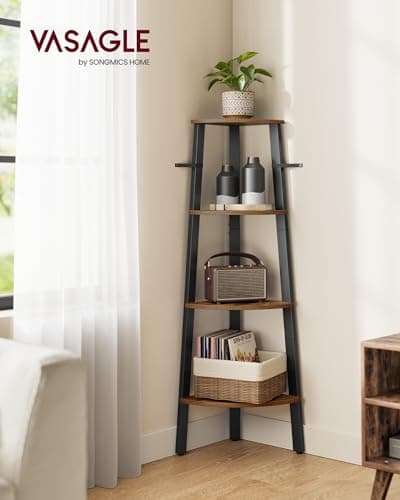 VASAGLE Corner Shelf Stand, 4-Tier Corner Bookshelf, Industrial Ladder Shelf, Plant Stand for Living Room, Office, Kitchen, Rustic Brown and Black ULLS34X - Image 2