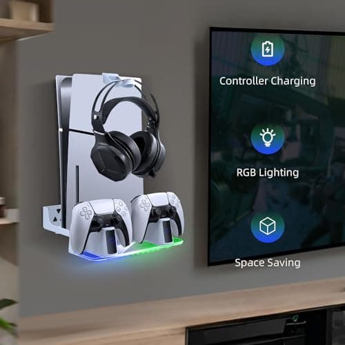 Mcbazel Wall Mount Kit with Charging Station Compatible with PS5/PS5 Slim, Dual Controller Charger, Headphone Hanger, Multi-Mode RGB Light - White - Image 2