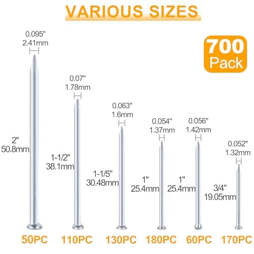 KURUI 700pcs Hardware Nails for Hanging Pictures, Up to 2"-Long Finish Nails Assortment Kit for Wall Art Decor, 640 Frame Nails and 60 Small Finishing Nails for Drywall Wood - Silver Picture Hangers - Image 2