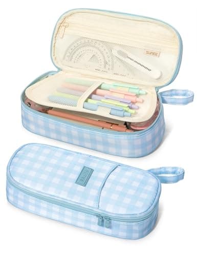 SUNEE Cute Pencil Case, Aesthetic Pen Pouch, Colored Large Pencil Bag with Zipper, Kawaii Stationery Storage and Organizer, School Supplies for Teen and Adult Girls, Blue Checkered
