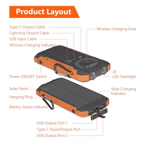 ERRBBIC Solar Charger Power Bank 20000mAh, Portable Wireless Charger, 15W Fast Charging External Battery Pack with Dual Flashlight and USB C Outputs. Outdoor Mobile Power Compatible with Cell Phones - Image 8