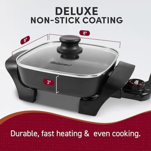 Elite Gourmet EG808 8” x 8" Non-stick Electric Skillet, Dishwasher Safe with Tempered Glass Vented Lid, Rapid Heat Up, 600W, Black - Image 8